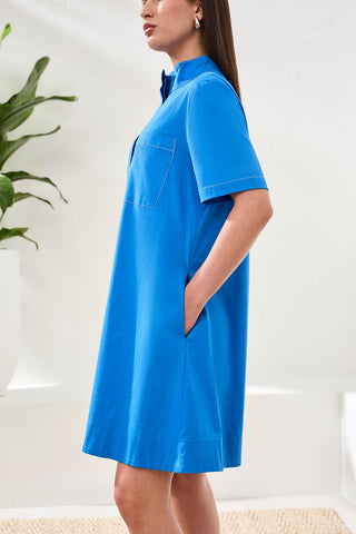 A-Line Stretch Poplin Snap Front Dress-Royal
