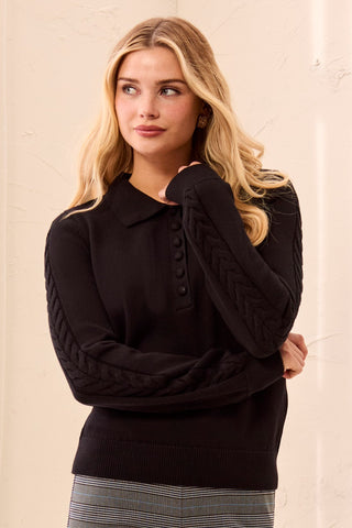 Button Placket Collared Cable Sleeve Sweater-Black
