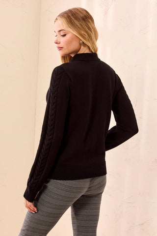 Button Placket Collared Cable Sleeve Sweater-Black