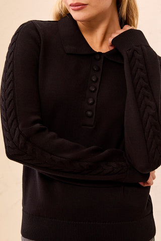 Button Placket Collared Cable Sleeve Sweater-Black