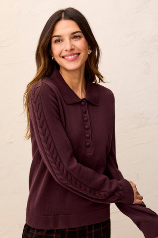 Button Placket Collared Cable Sleeve Sweater-Fudge