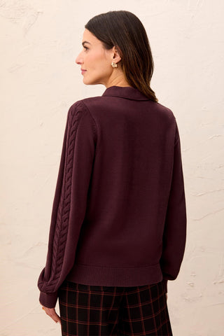 Button Placket Collared Cable Sleeve Sweater-Fudge