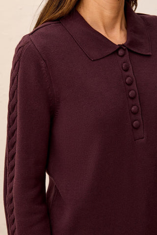 Button Placket Collared Cable Sleeve Sweater-Fudge