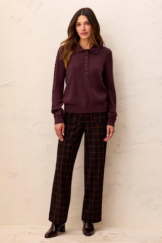 Button Placket Collared Cable Sleeve Sweater-Fudge