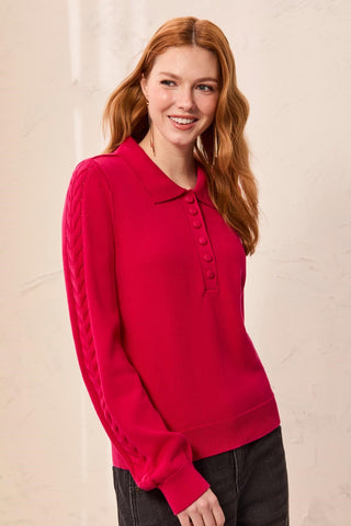Button Placket Collared Cable Sleeve Sweater-Jazzy