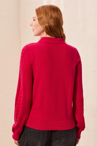 Button Placket Collared Cable Sleeve Sweater-Jazzy
