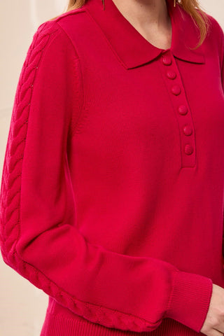 Button Placket Collared Cable Sleeve Sweater-Jazzy