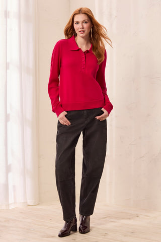 Button Placket Collared Cable Sleeve Sweater-Jazzy