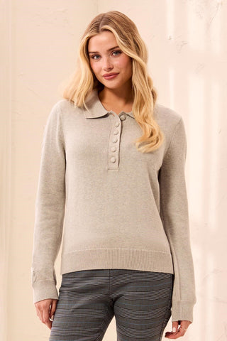 Button Placket Collared Cable Sleeve Sweater-Ltgreymix