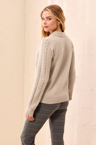 Button Placket Collared Cable Sleeve Sweater-Ltgreymix