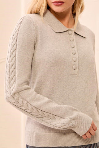 Button Placket Collared Cable Sleeve Sweater-Ltgreymix