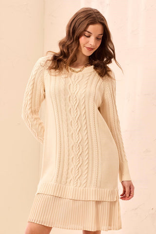 Cable Knit Long Sleeve Sweater Dress With Pleated Chiffon Hem-Moonstone
