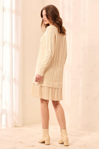 Cable Knit Long Sleeve Sweater Dress With Pleated Chiffon Hem-Moonstone