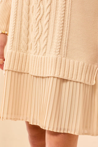 Cable Knit Long Sleeve Sweater Dress With Pleated Chiffon Hem-Moonstone