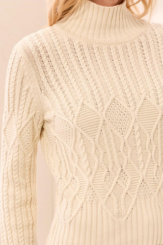 Cable Knit Mock Neck Special Wash Sweater-Antiquewhite