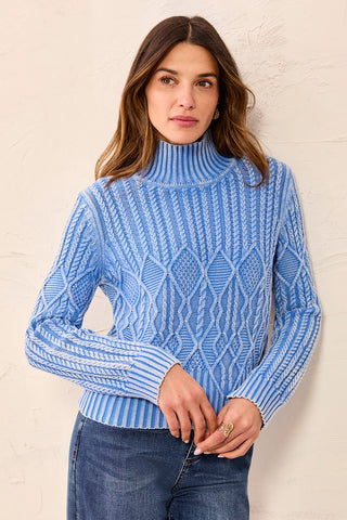 Cable Knit Mock Neck Special Wash Sweater-Blueaura