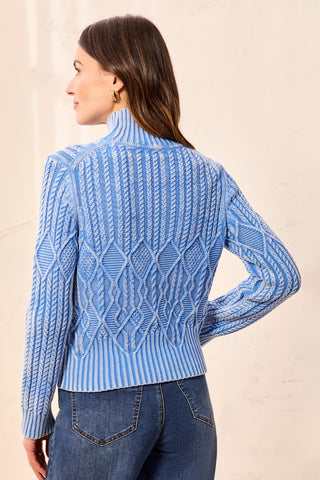 Cable Knit Mock Neck Special Wash Sweater-Blueaura