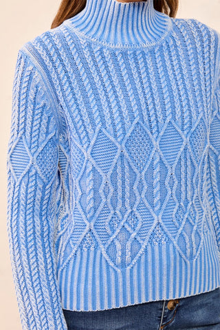 Cable Knit Mock Neck Special Wash Sweater-Blueaura