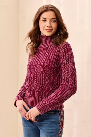 Cable Knit Mock Neck Special Wash Sweater-Cherrylacquer