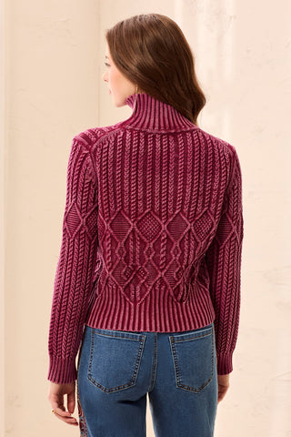 Cable Knit Mock Neck Special Wash Sweater-Cherrylacquer