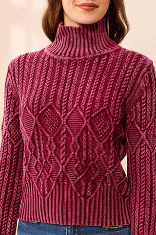 Cable Knit Mock Neck Special Wash Sweater-Cherrylacquer