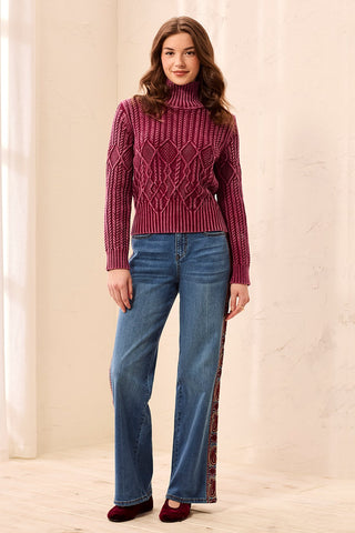 Cable Knit Mock Neck Special Wash Sweater-Cherrylacquer