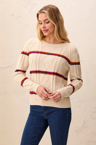Cable Knit Stripe Crew Neck Cotton Sweater-Jazzy