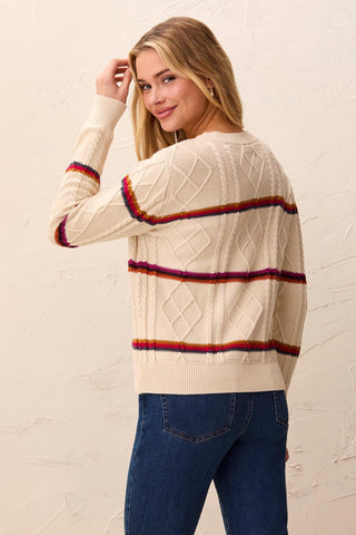 Cable Knit Stripe Crew Neck Cotton Sweater-Jazzy
