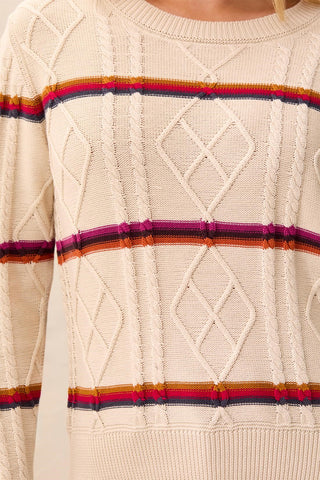Cable Knit Stripe Crew Neck Cotton Sweater-Jazzy