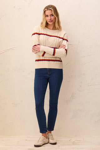 Cable Knit Stripe Crew Neck Cotton Sweater-Jazzy