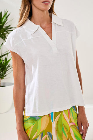 Cap Sleeve Johnny Collar Slub Knit Top-White