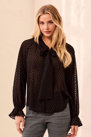 Chiffon Swiss Dot Bow Tie Neck Blouse-Black
