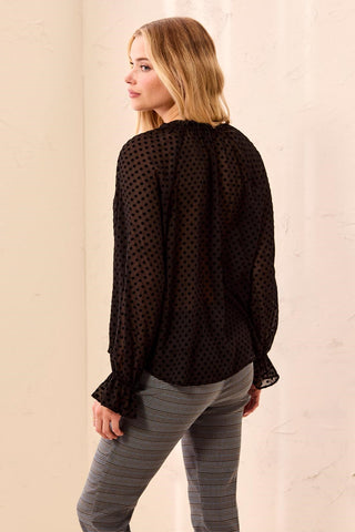 Chiffon Swiss Dot Bow Tie Neck Blouse-Black