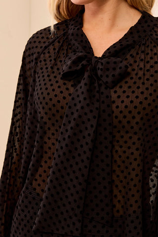 Chiffon Swiss Dot Bow Tie Neck Blouse-Black