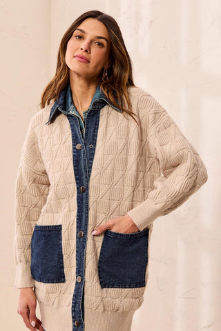 Chunky Cable Knit Coatigan Button-Front Denim Patch Pockets-Ltsuede