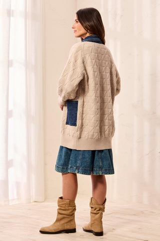 Chunky Cable Knit Coatigan Button-Front Denim Patch Pockets-Ltsuede