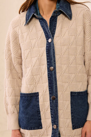 Chunky Cable Knit Coatigan Button-Front Denim Patch Pockets-Ltsuede