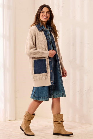 Chunky Cable Knit Coatigan Button-Front Denim Patch Pockets-Ltsuede