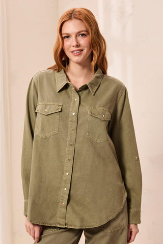 Classic Snap Front Collared Denim Shirt-Olivestone
