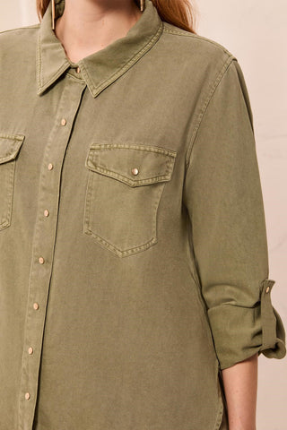 Classic Snap Front Collared Denim Shirt-Olivestone