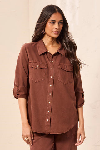 Classic Snap Front Collared Denim Shirt-Rusticbrown