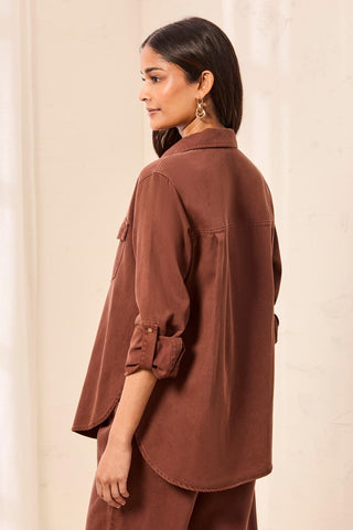 Classic Snap Front Collared Denim Shirt-Rusticbrown