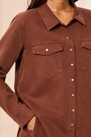 Classic Snap Front Collared Denim Shirt-Rusticbrown