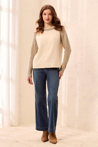 Color Block Raglan Sleeve Crew Neck Knit Sweater-Moonstone