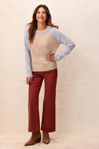 Color Block Raglan Sleeve Crew Neck Knit Sweater-Oatmeal