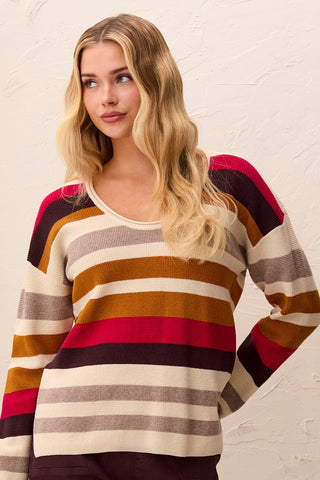 Waffle Knit U-Neck Long Sleeve Sweater-Jazzy