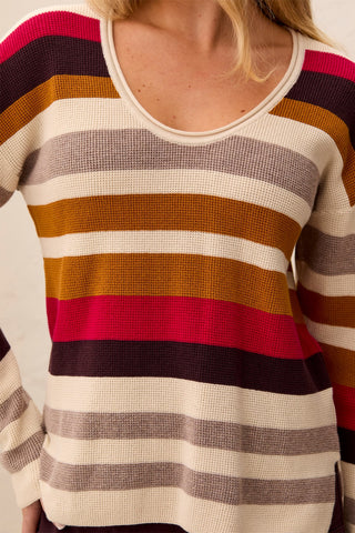 Waffle Knit U-Neck Long Sleeve Sweater-Jazzy