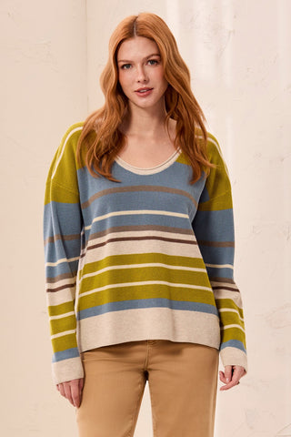 Waffle Knit U-Neck Long Sleeve Sweater-Pear