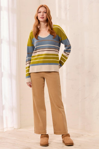 Waffle Knit U-Neck Long Sleeve Sweater-Pear