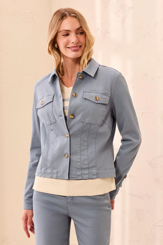 Comfort Stretch Long Sleeve Button Front Denim Jacket-Blue fog